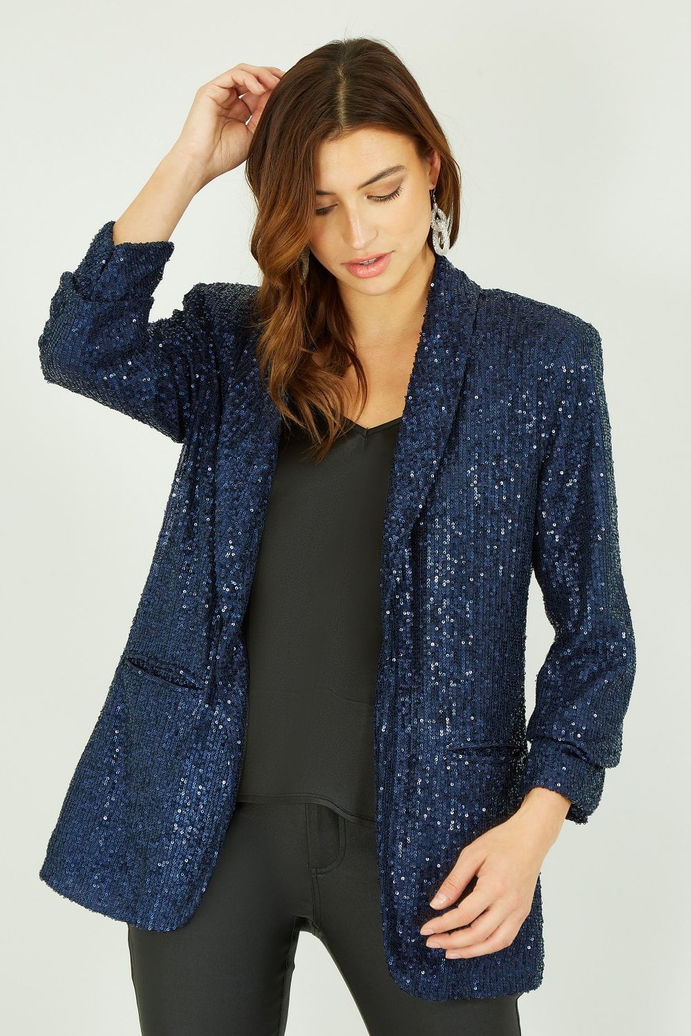 Yumi Navy Sequin Blazer With Pockets
