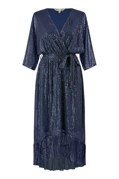 Yumi Navy Sequin Kimono Midi Wrap Dress