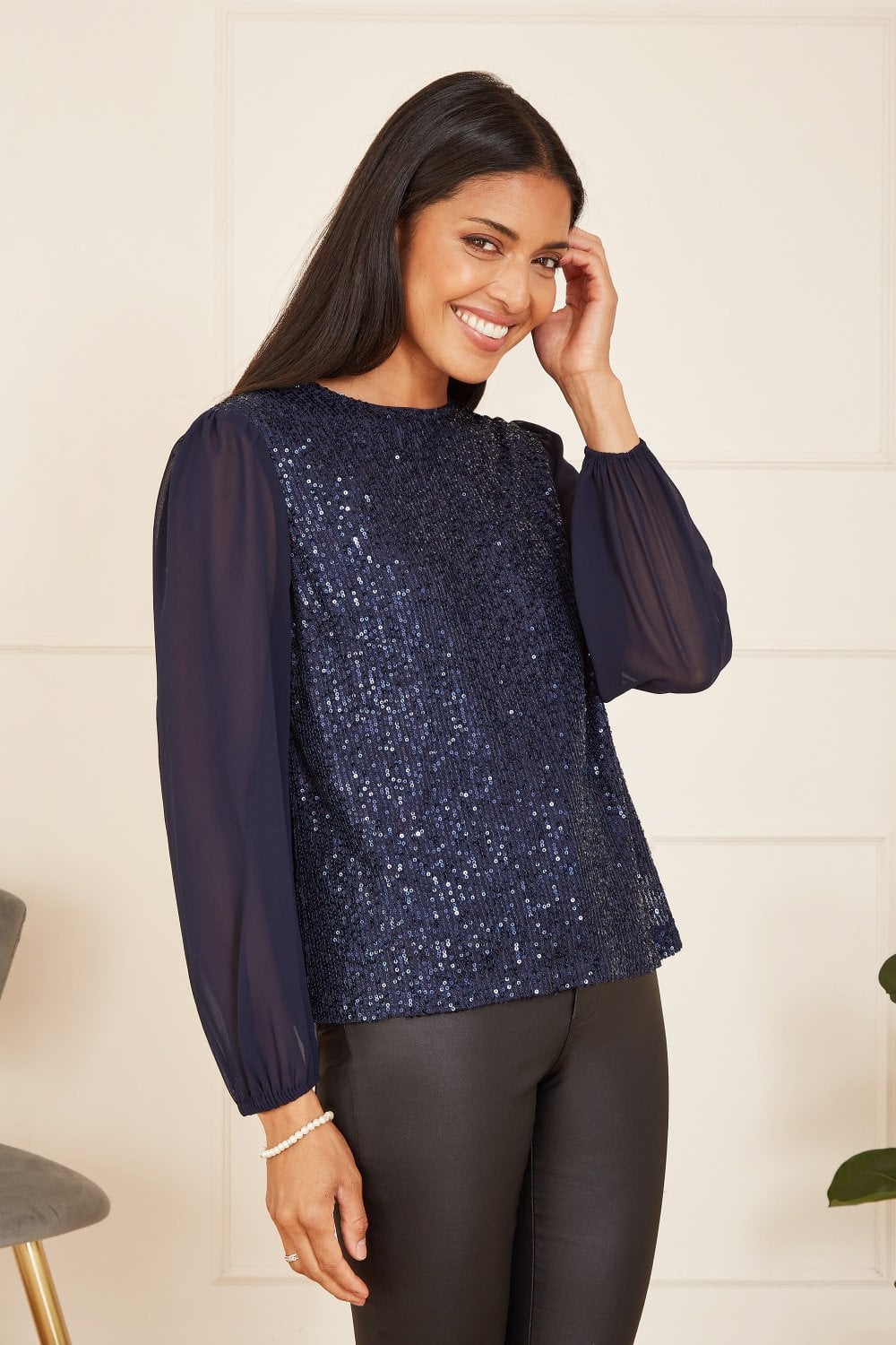 Yumi Navy Sequin Top With Sheer Sleeves