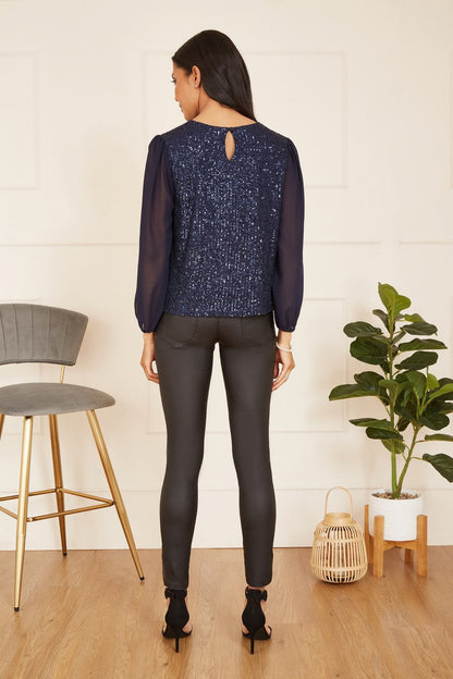 Yumi Navy Sequin Top With Sheer Sleeves