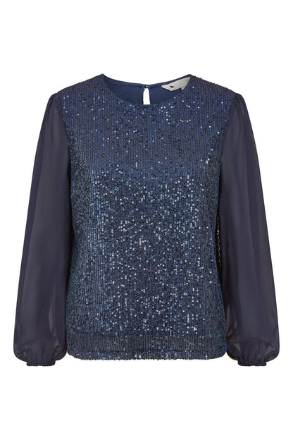 Yumi Navy Sequin Top With Sheer Sleeves