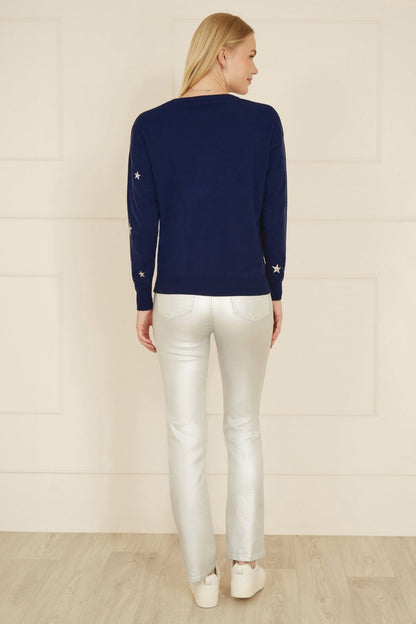 Yumi Navy Silver Foil Star Print Relaxed Fit Jumper