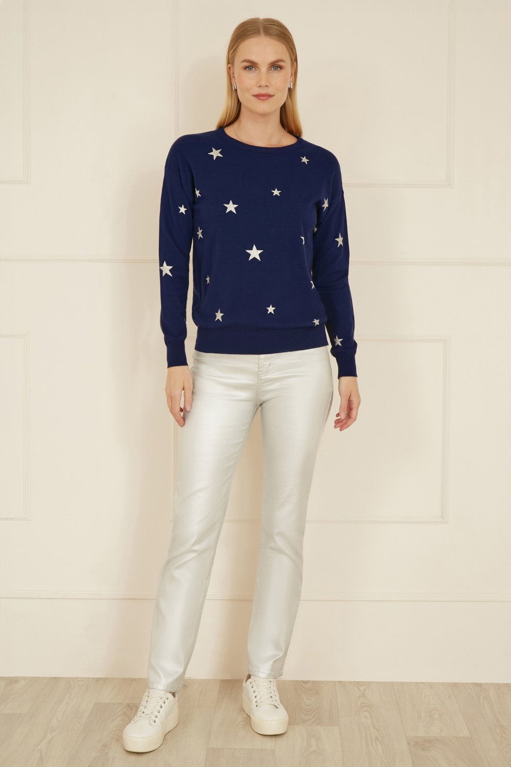 Yumi Navy Silver Foil Star Print Relaxed Fit Jumper