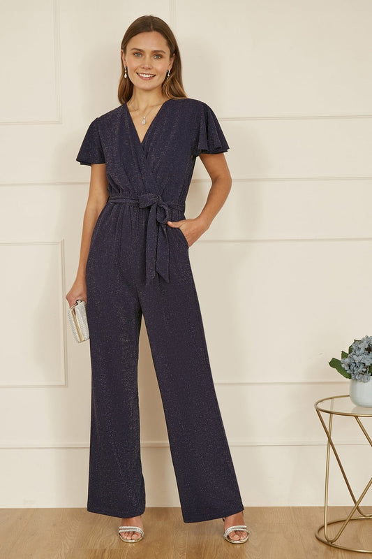 Yumi Navy Sparkle Stretch Wrap Over Jumpsuit