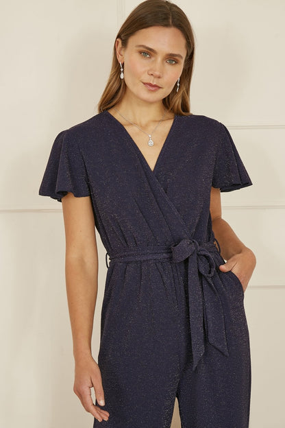 Yumi Navy Sparkle Stretch Wrap Over Jumpsuit