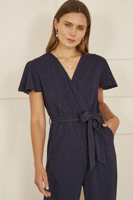 Yumi Navy Sparkle Stretch Wrap Over Jumpsuit
