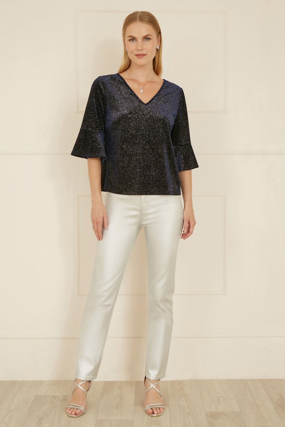 Yumi Navy Sparkle Velvet Relaxed Fit Top With Fluted Sleeves