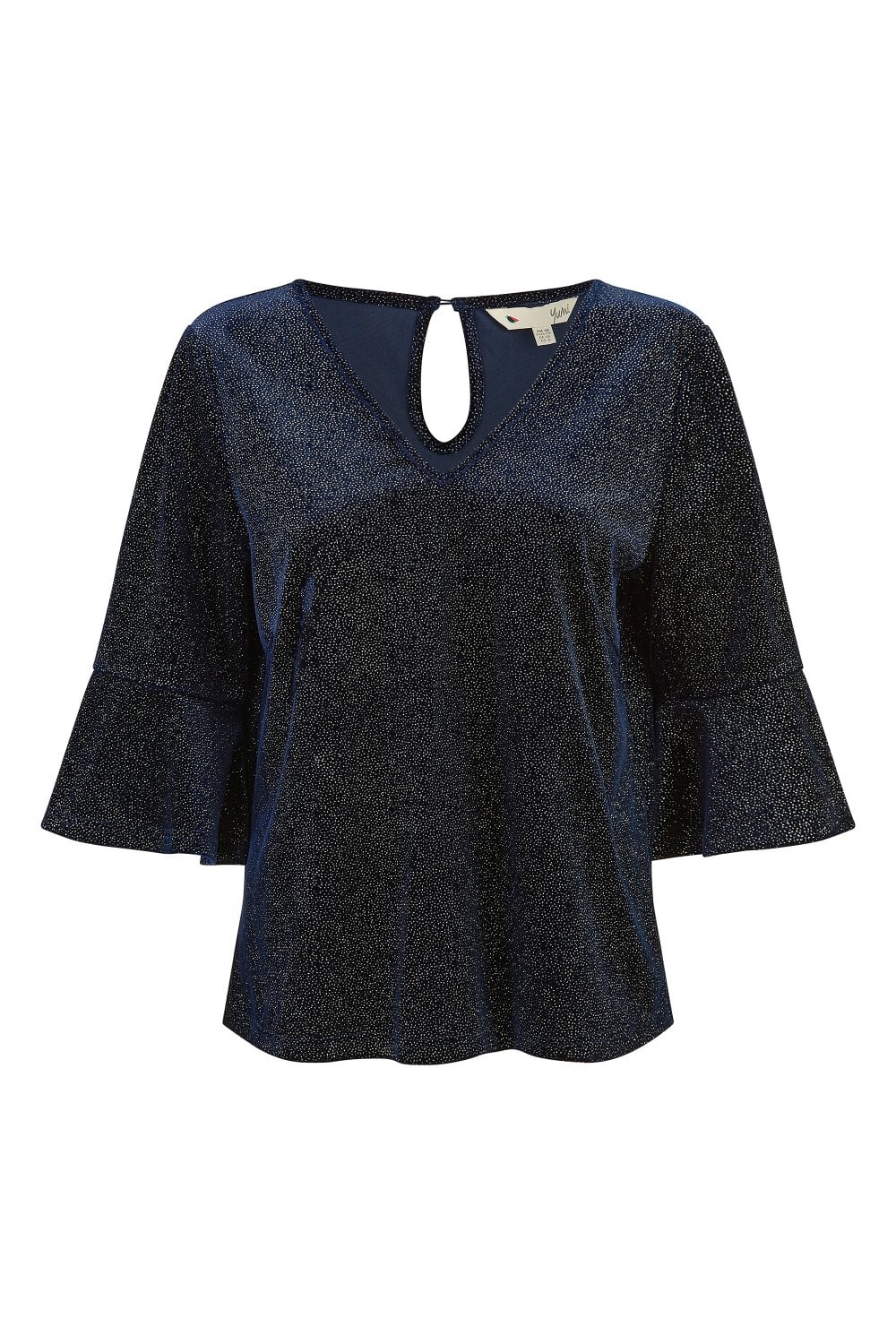 Yumi Navy Sparkle Velvet Relaxed Fit Top With Fluted Sleeves