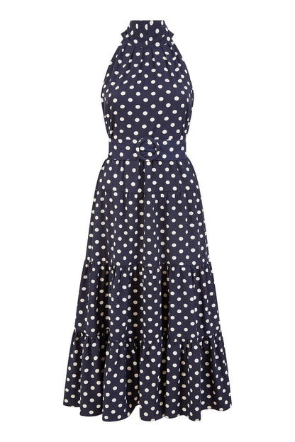 Yumi Navy Spot Print Halter Midi Dress With Matching Belt