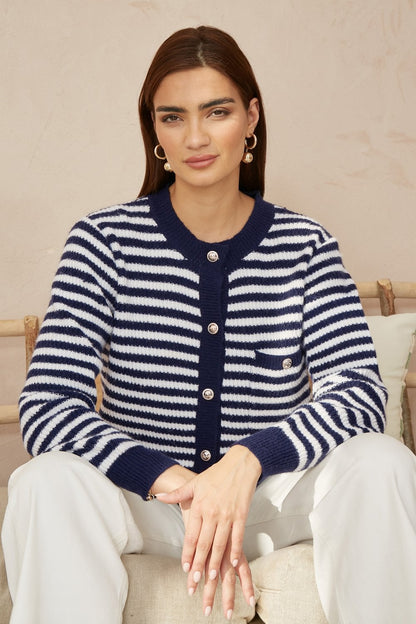 Yumi Navy Stripe Knit Relaxed Fit Cardigan