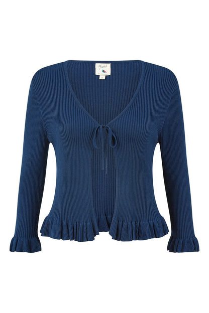 Yumi Navy Tie Up Ribbed Cardigan With Frill Hem
