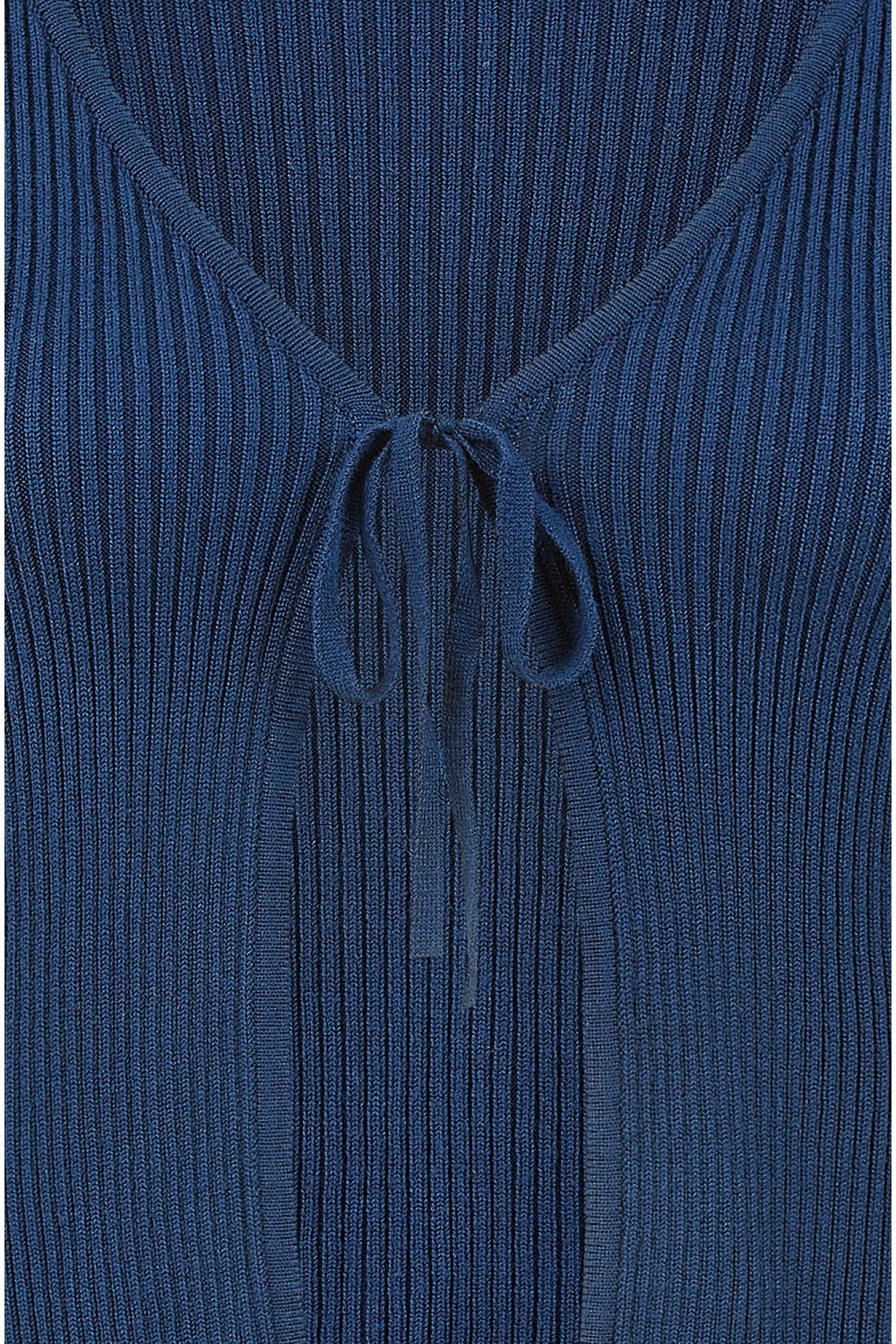 Yumi Navy Tie Up Ribbed Cardigan With Frill Hem