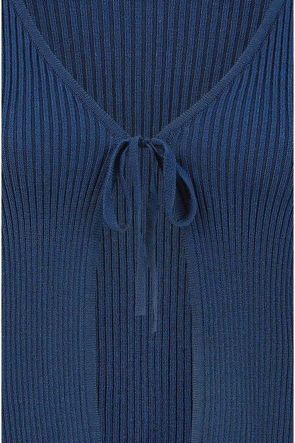 Yumi Navy Tie Up Ribbed Cardigan With Frill Hem