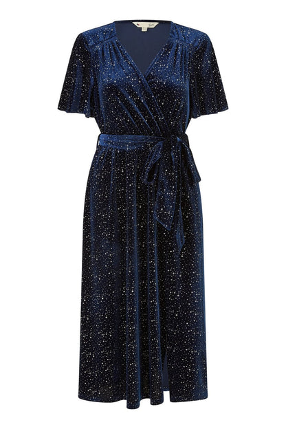 Yumi Navy Velvet Sparkle Wrap Midi Dress