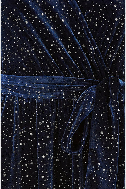 Yumi Navy Velvet Sparkle Wrap Midi Dress