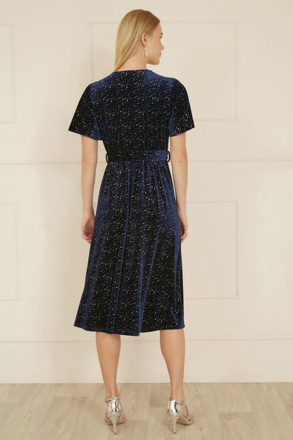 Yumi Navy Velvet Sparkle Wrap Midi Dress