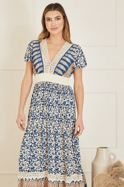 Yumi Navy Viscose Leaf Print Maxi Dress With Lace Trim