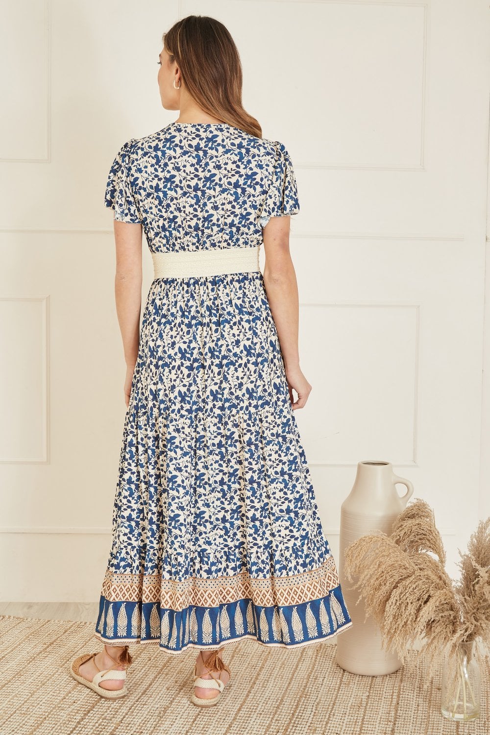 Yumi Navy Viscose Leaf Print Maxi Dress With Lace Trim