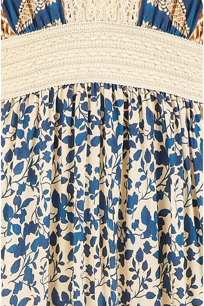 Yumi Navy Viscose Leaf Print Maxi Dress With Lace Trim