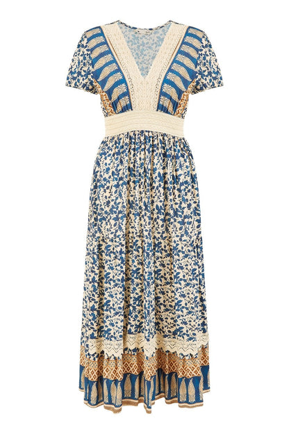 Yumi Navy Viscose Leaf Print Maxi Dress With Lace Trim