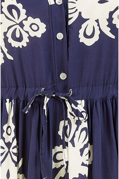 Yumi Navy Viscose Midi Dress With Long Sleeves