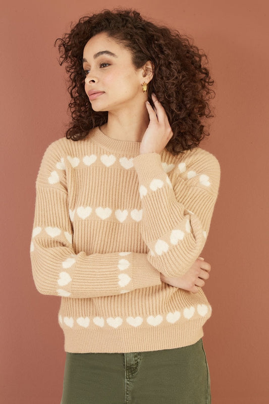Yumi Oatmeal Knitted Jumper With Heart Stripes