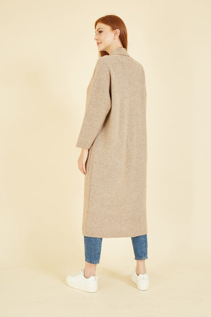 Yumi Oatmeal Knitted Maxi Cardigan With Pockets