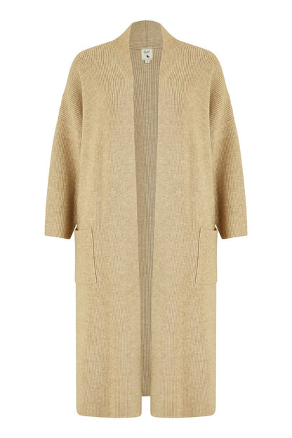 Yumi Oatmeal Knitted Maxi Cardigan With Pockets