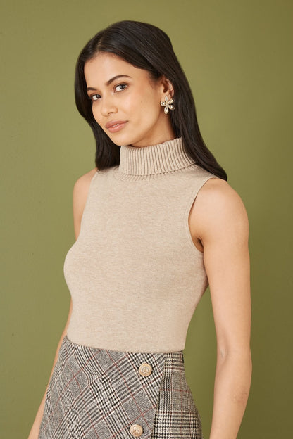 Yumi Oatmeal Knitted Roll Neck Sleeveless Jumper