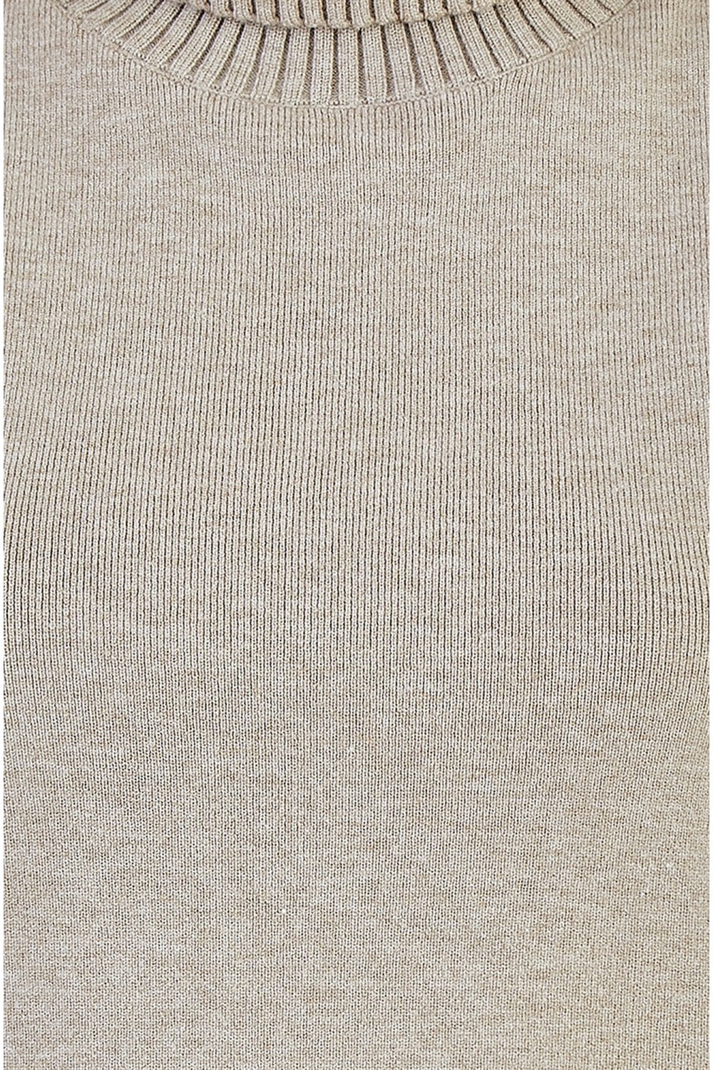 Yumi Oatmeal Knitted Roll Neck Sleeveless Jumper