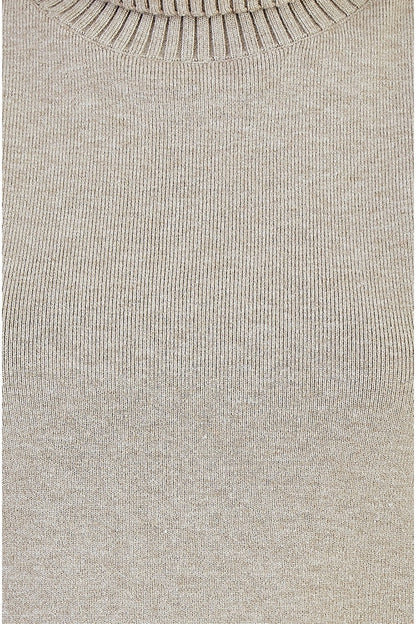 Yumi Oatmeal Knitted Roll Neck Sleeveless Jumper