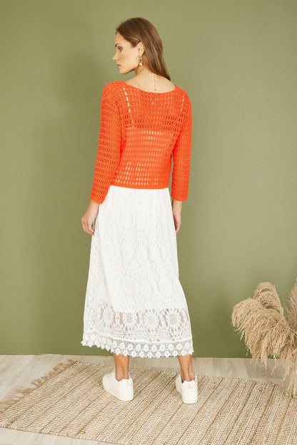 Yumi Orange Cotton Crochet Twisted Bolero Top