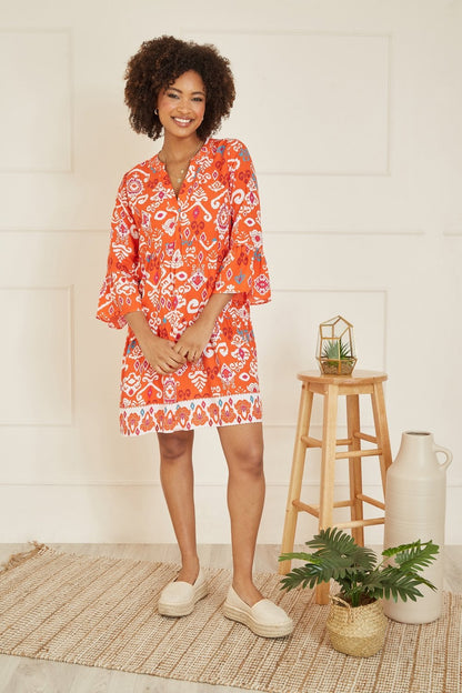 Yumi Orange Ikat Print 3/4 Sleeve Tunic Dress
