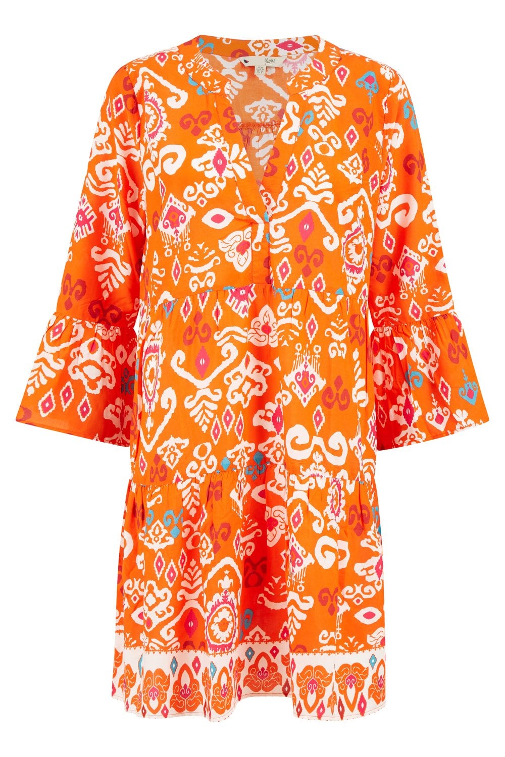 Yumi Orange Ikat Print 3/4 Sleeve Tunic Dress