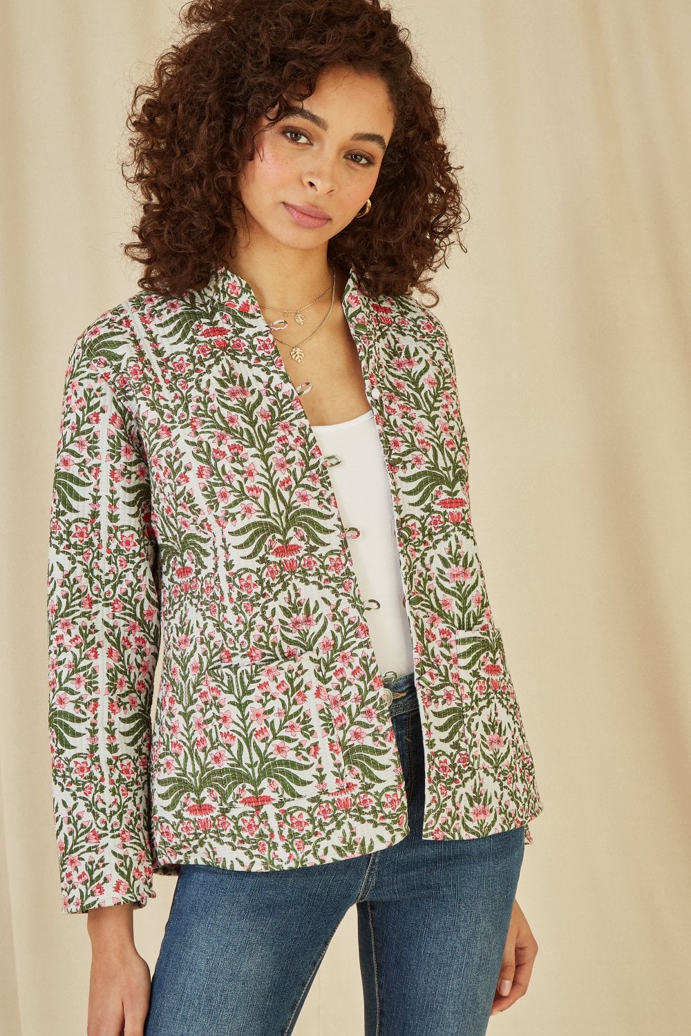 Yumi Pink Floral Print Reversible Cotton Quilted Jacket