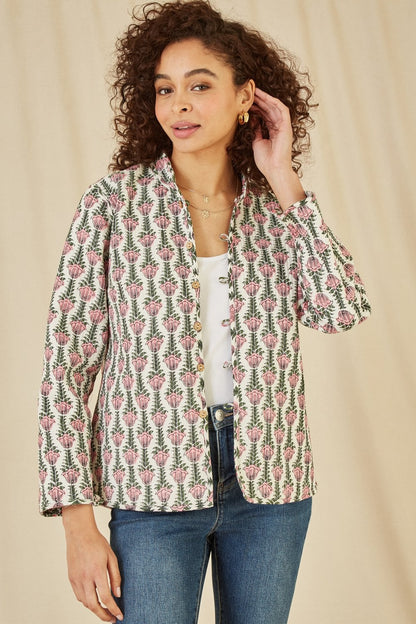 Yumi Pink Floral Print Reversible Cotton Quilted Jacket