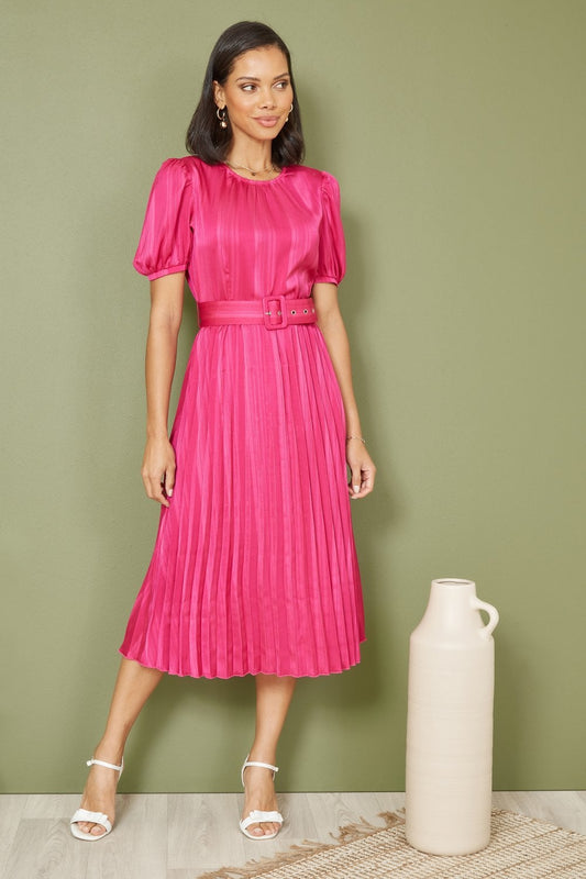 Yumi Pink Satin Striped Midi Dress With Pleats and Matching Belt