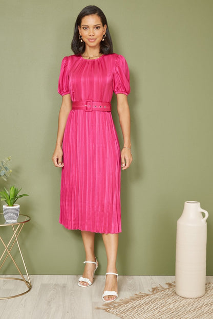 Yumi Pink Satin Striped Midi Dress With Pleats and Matching Belt