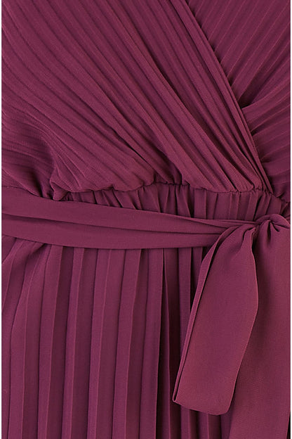 Yumi Plum Pleated Wrap Midi Dress With Sheer Long Sleeves
