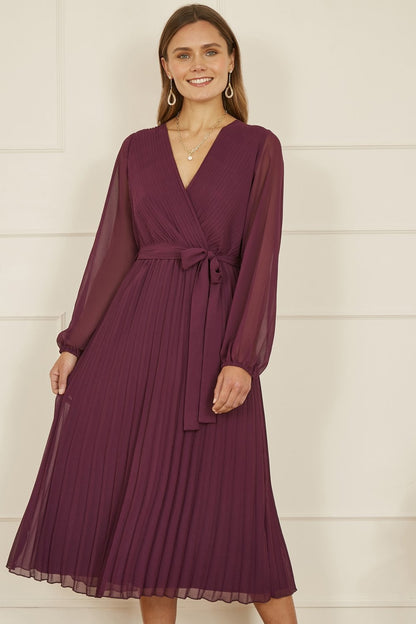 Yumi Plum Pleated Wrap Midi Dress With Sheer Long Sleeves