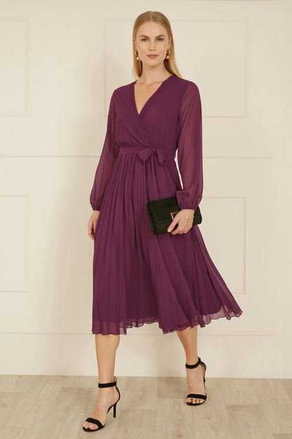 Yumi Plum Pleated Wrap Midi Dress With Sheer Long Sleeves