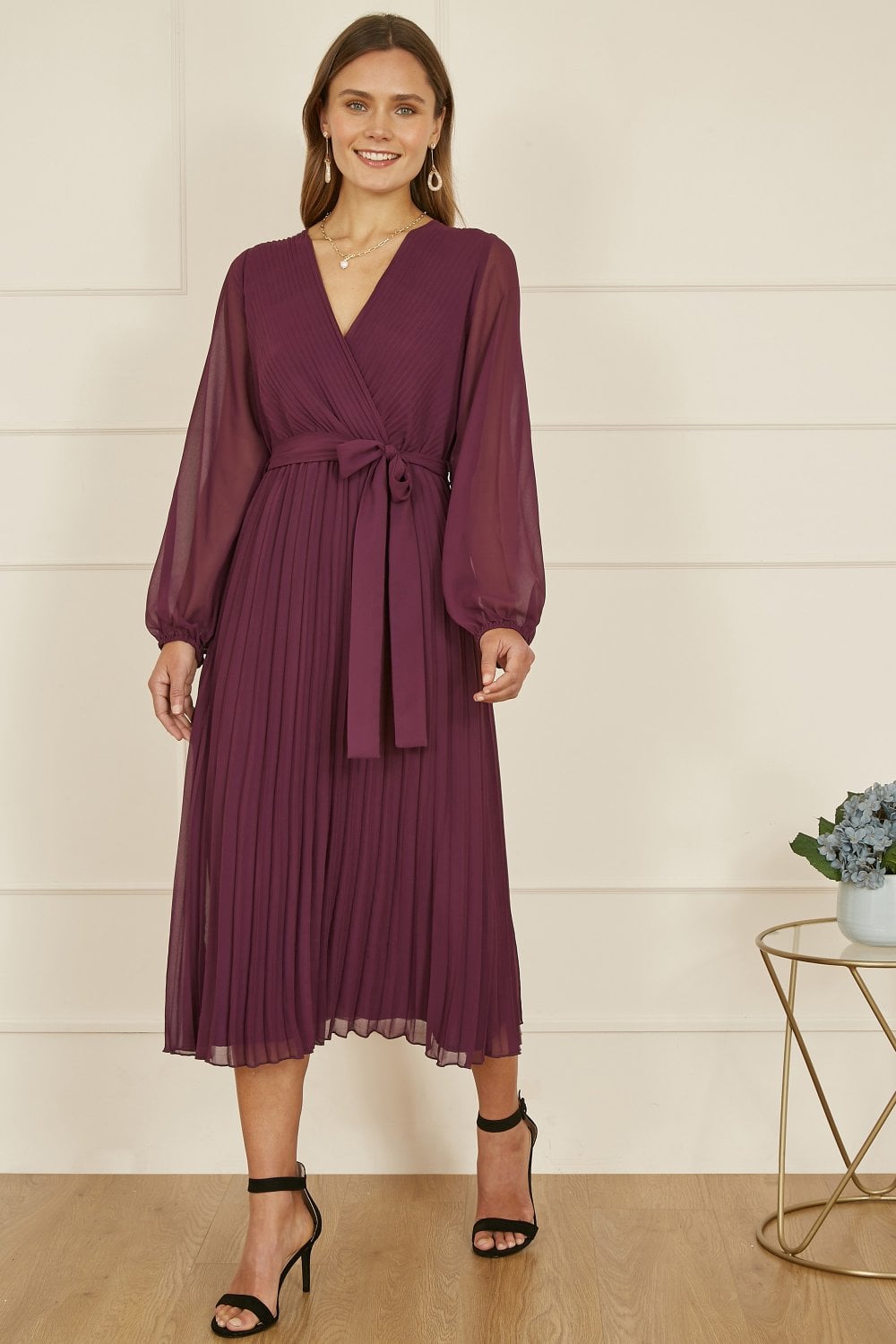 Yumi Plum Pleated Wrap Midi Dress With Sheer Long Sleeves