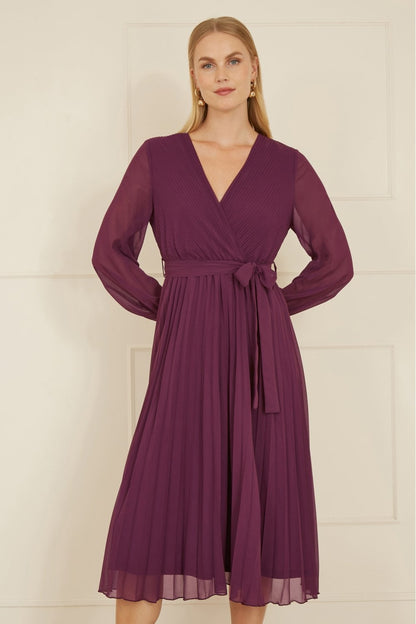 Yumi Plum Pleated Wrap Midi Dress With Sheer Long Sleeves
