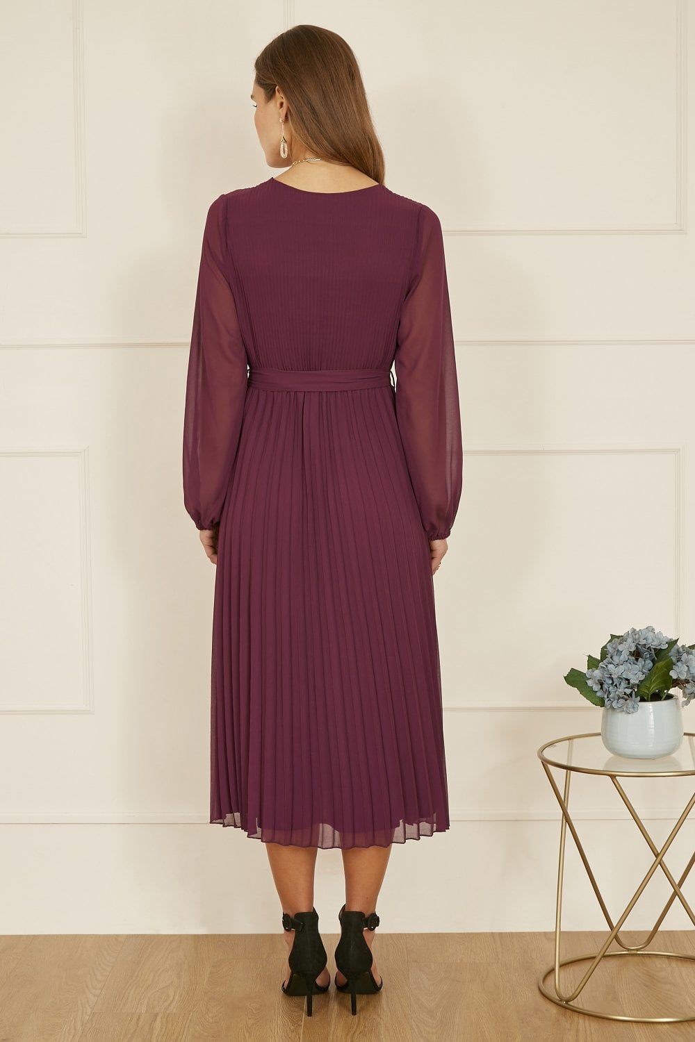 Yumi Plum Pleated Wrap Midi Dress With Sheer Long Sleeves