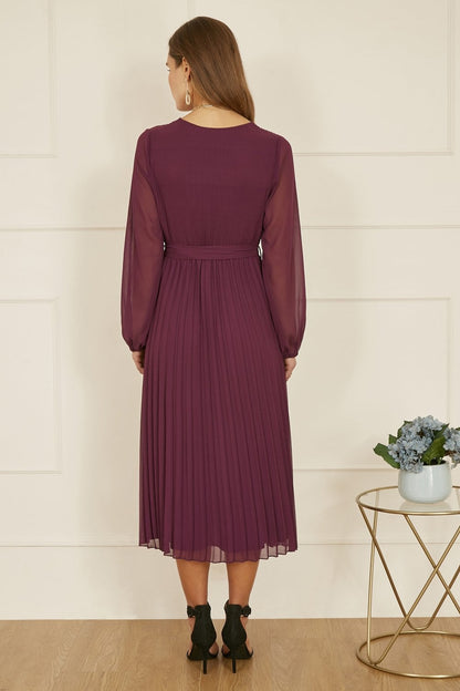 Yumi Plum Pleated Wrap Midi Dress With Sheer Long Sleeves
