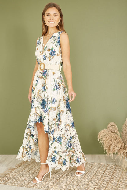 Yumi Premium Ivory Floral Print Broderie Anglaise Cotton Dip Hem Midaxi Dress