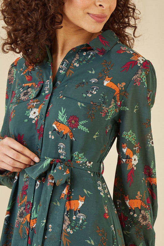 Yumi Recycled Green Fox Print Shirt Midi Dress