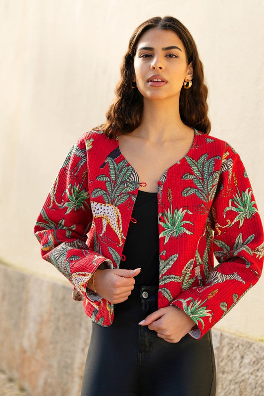 Yumi Red Animal Print Reversible Cotton Cropped Quilted Jacket