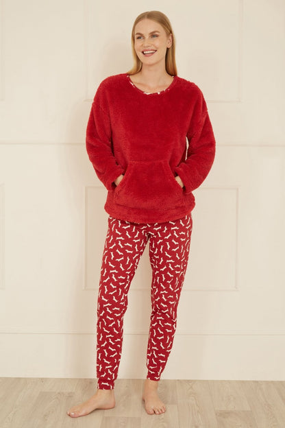 Yumi Red Pyjamas With Fleece Top And Dachshund Print Trousers