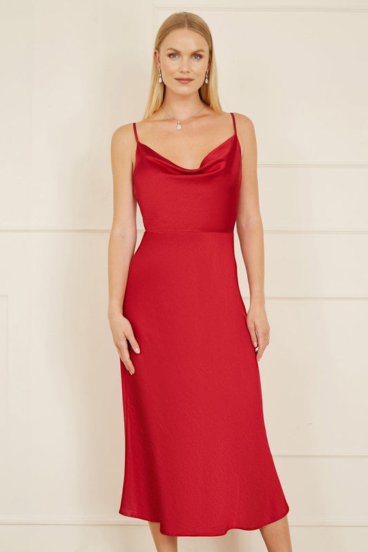 Yumi Red Satin Cowl Neck Midi Slip Dress